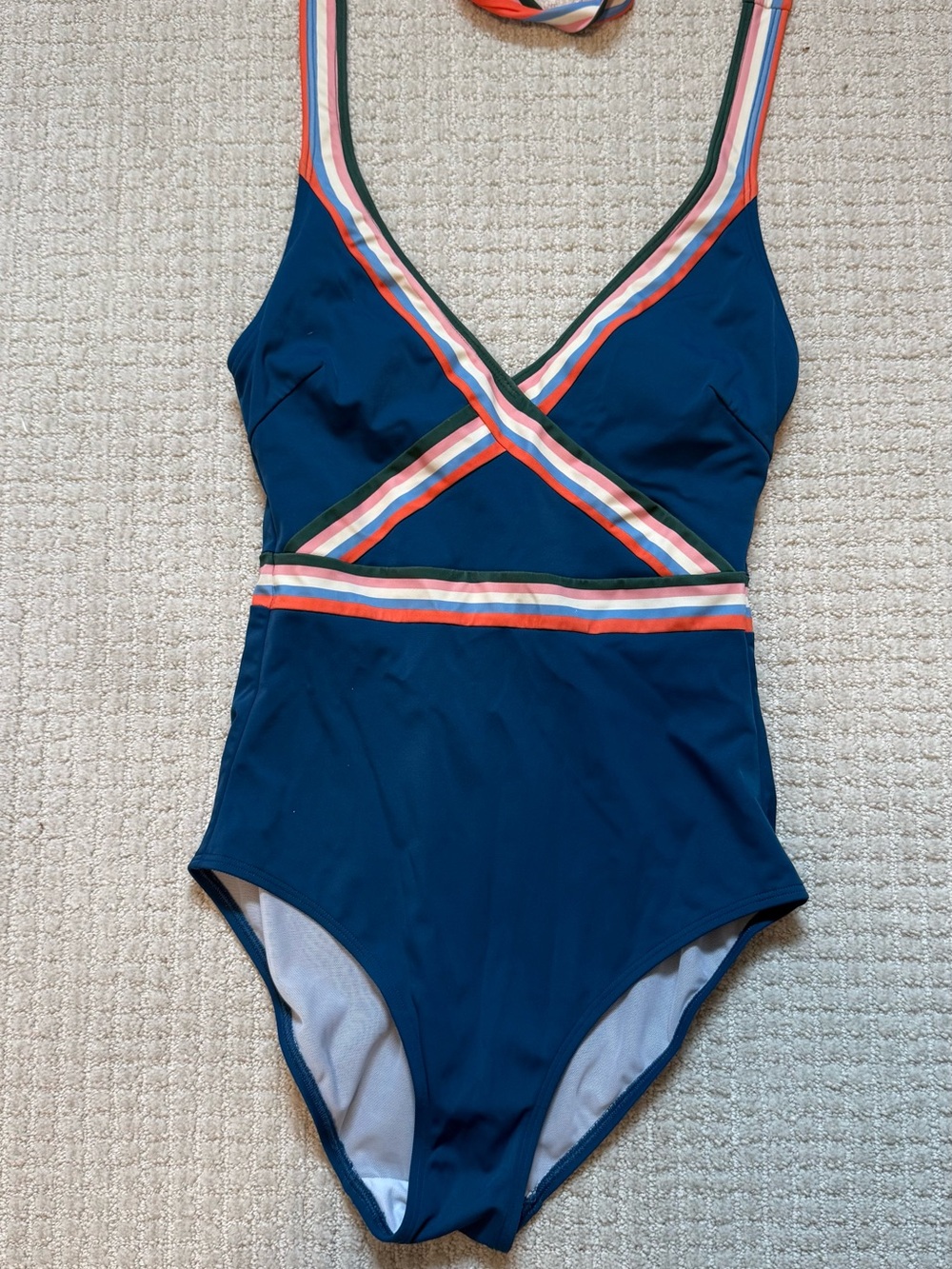 Boden Navy One-Piece Swimsuit with Multicolor Stripe Trim